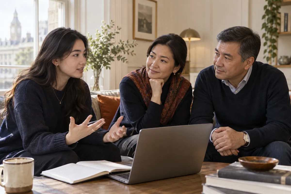 Illustrative scene of a student discussing education plans with her parents